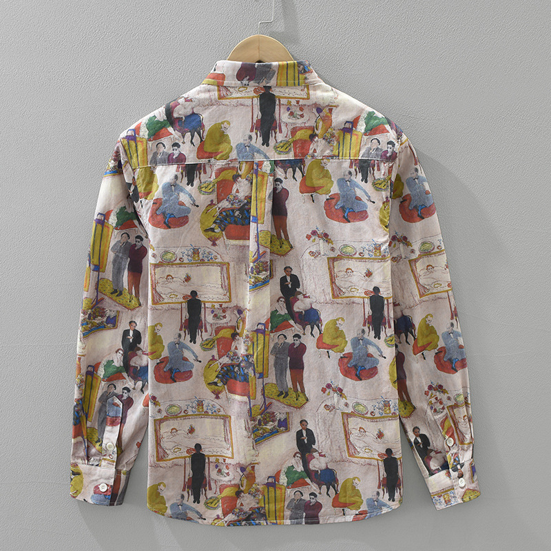 Cartoon Trendy Printed Long Sleeved Shirt, New Versatile Artistic Casual Loose Top For Men's Wear_viptrois.com
