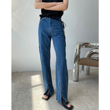 夏季新欧美时髦设计感脚口开叉蓝色高腰直筒牛仔裤宽松休闲长裤女