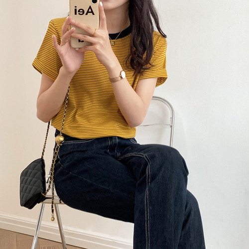 Striped T-shirt Short-sleeve Women's Summer Dress 2025 Round Neck Loose Ins Chic Simple Student Top