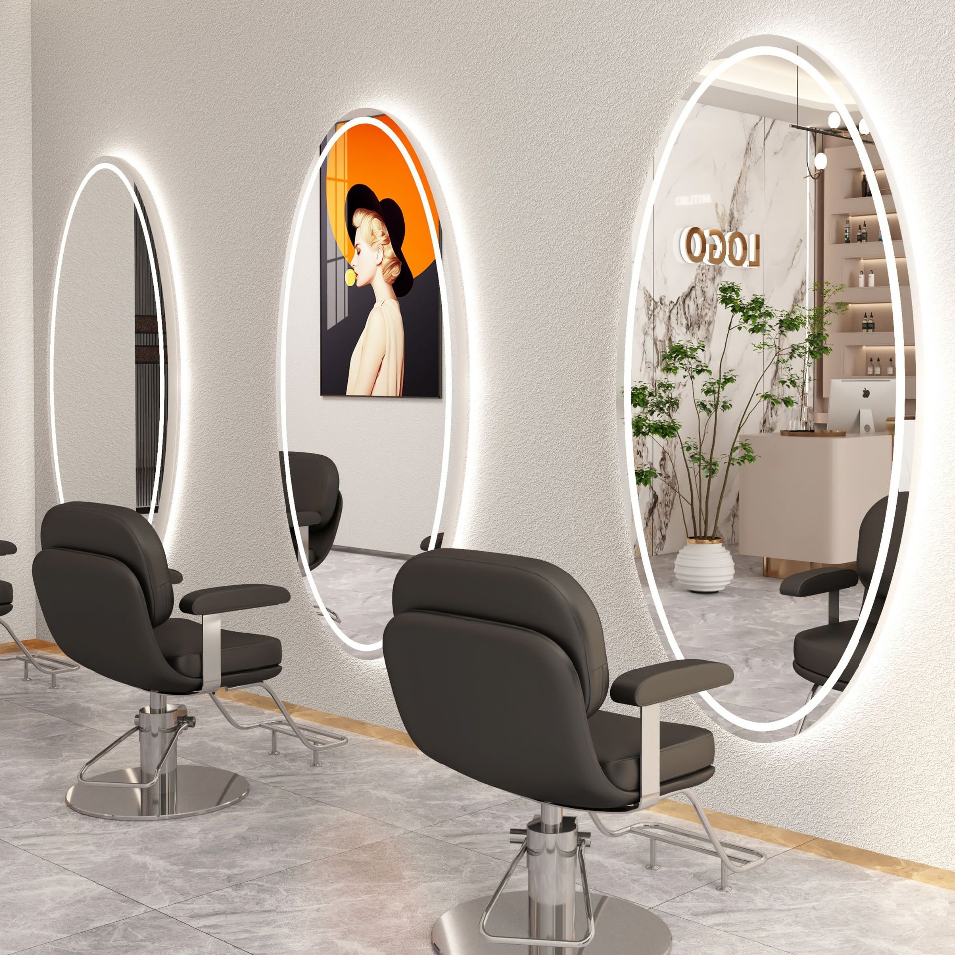 Peluquería de celebridades de Internet de alta gama Espejo de cuerpo completo para peluquería Espejo ovalado de una cara y doble cara con luz Mesa de espejo de piso para peluquería