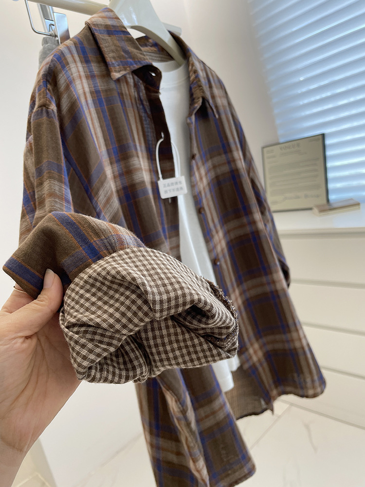 Áo sơ mi nữ dài tay vải gạc cotton hai lớp họa tiết kẻ sọc cổ điển dáng rộng — Kẻ sọc xanh (Bộ sưu tập mùa hè) chi tiết 5