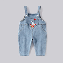 秋款女童小兔刺绣背带裤甜美卡通牛仔连体裤保暖长裤女宝裤子