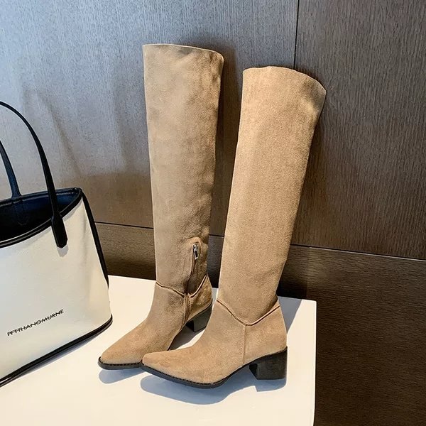 2026 Summer New Style Slimming Two-Way High-Tube Riding Boots for Women with Chunky Heels, Square Toe, Ultra-Soft Suede, Versatile Long Boots for Women
