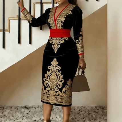 New Women's Elegant V Neck Long Sleeve Dress Style Digital Print_ecoleips.com