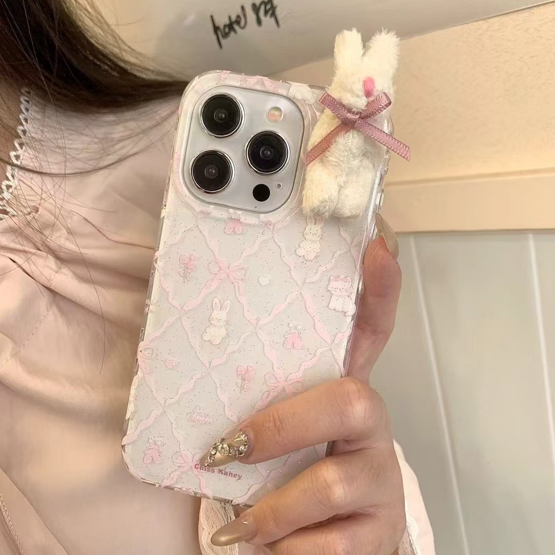 Lingge Bowknot Bunny para iPhone15/16 Flower Bunny 14pro lindo 16ProMax Girl Heart