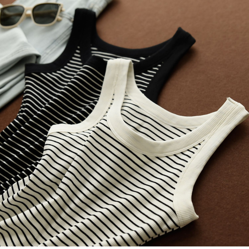Pure Cotton Black Striped Knitted Camisole Covering Paramilis New Casual All-match Inner Wearing Outer Wearing Sleeveless Outer Wearing Top Pure Cotton Black Striped Knitted Camisole Covering Paramilis New Casual All-match Inner Wearing Outer Wearing Sleeveless Outer Wearing Top