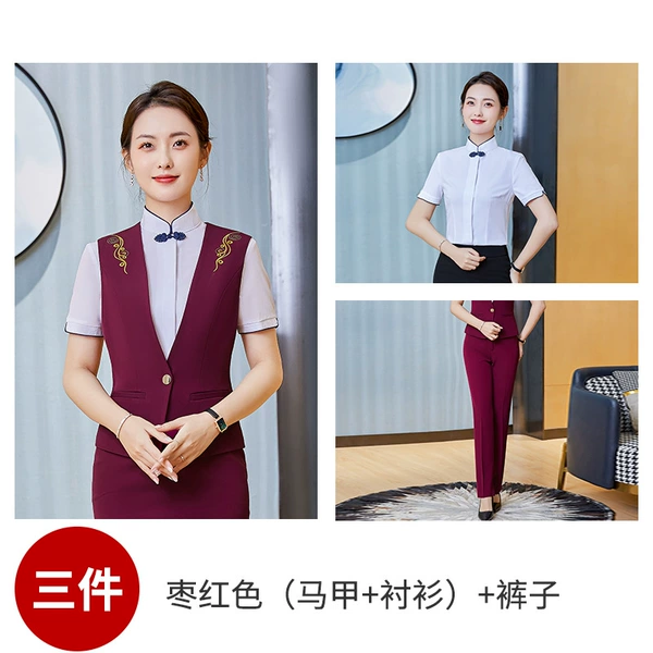 Maroon vest, shirt, trousers