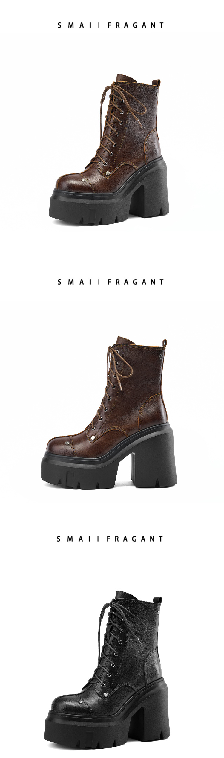 Boot nữ da mềm mũi tròn gót thô đế dày dây buộc — Lót nhung đen chi tiết 8