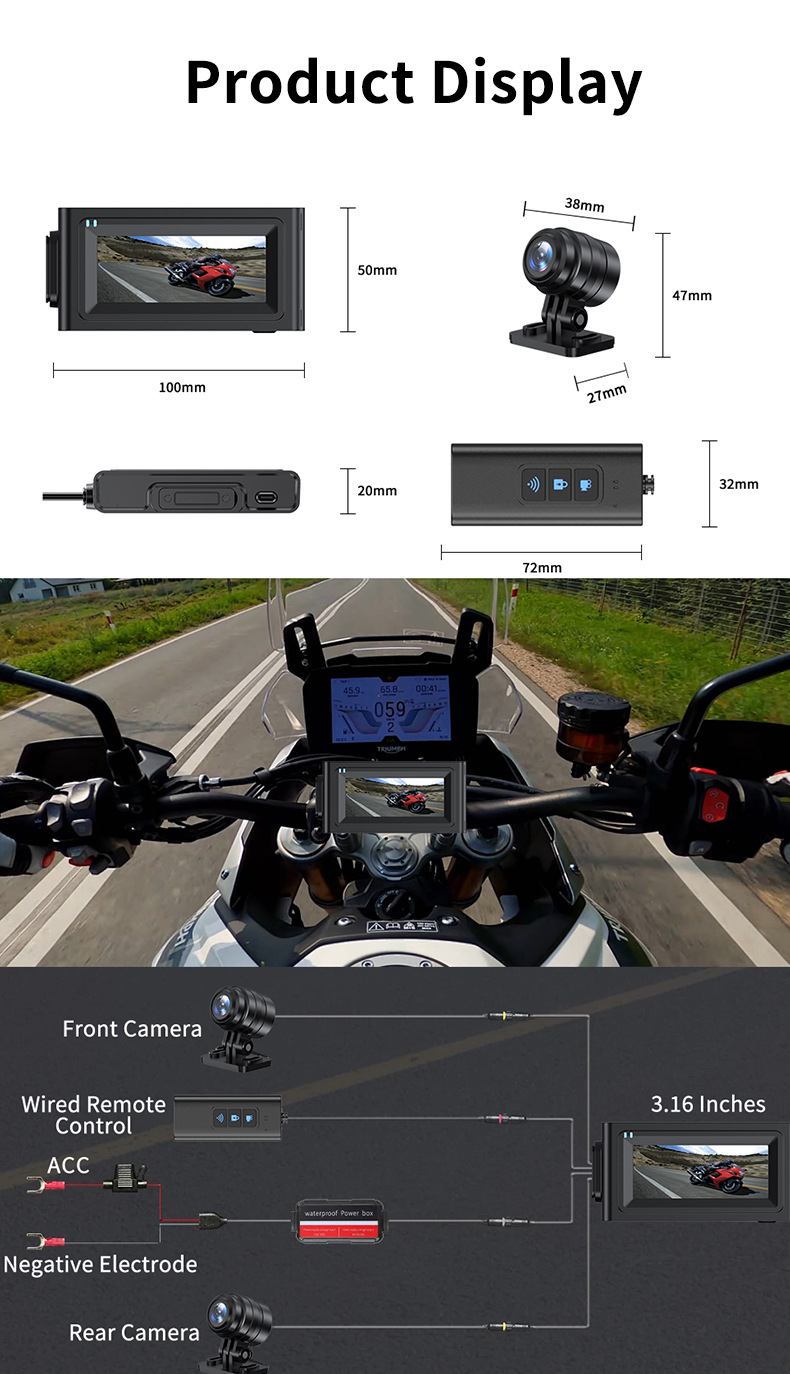 Cross-border motorcycle driving recorder HD 1080 touch 3.16 inch WiFi front and rear dual recording locomotive recorder
