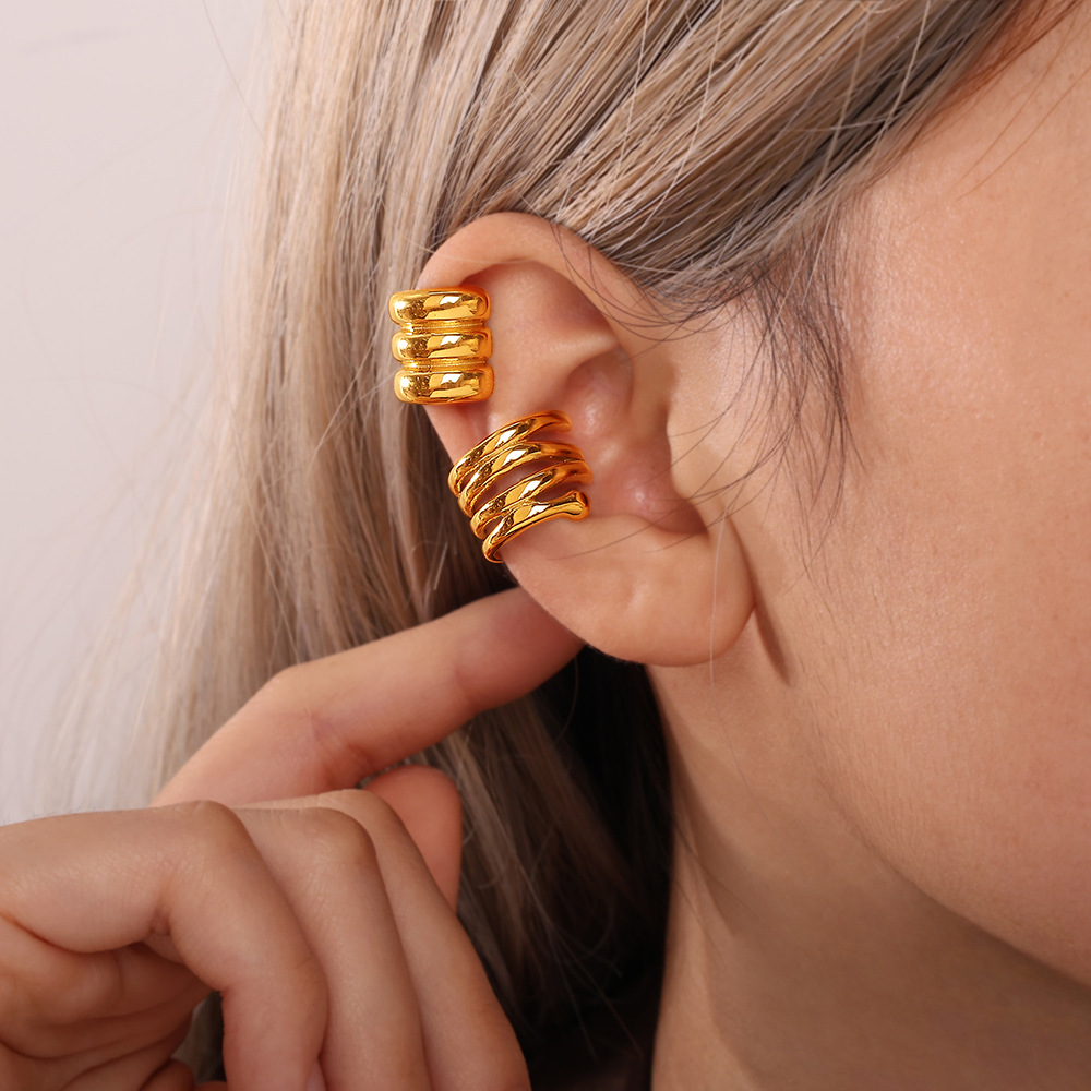 European and American Ins Sweet and Cool Multi-Layer Design Ear Bone Clip Non-Fading 18K Gold Plated Glossy Retro Stacked Hoop Earrings for Women