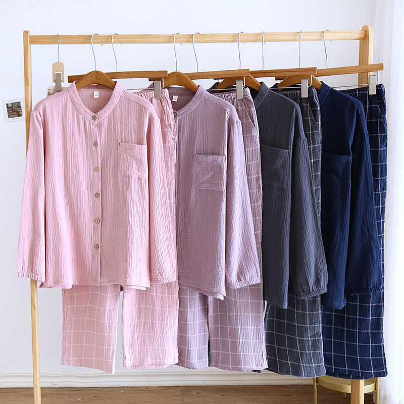 Men's and women's pajamas Four Seasons New crepe double-layer cotton yarn cotton simple long-sleeved trousers couple home wear suit