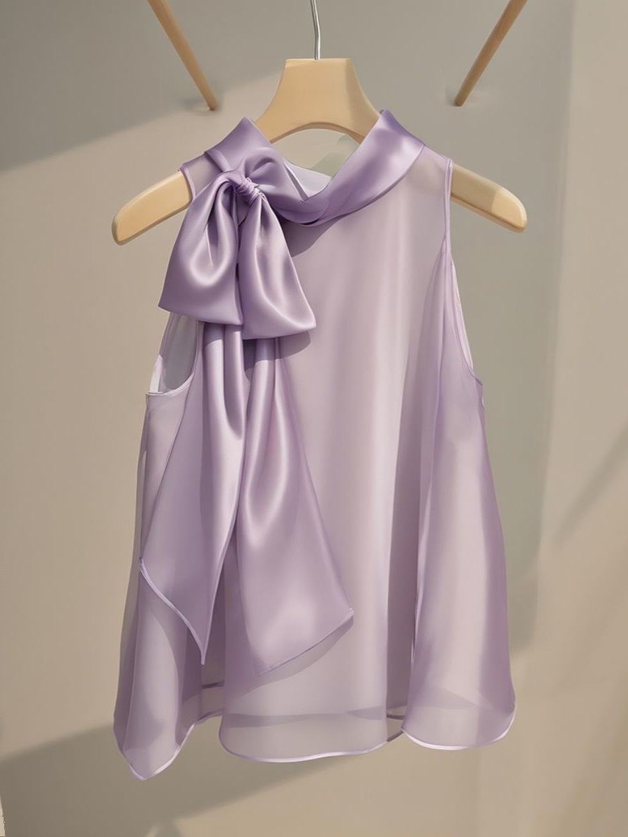 Summer purple shiffon shirt with bow sleevless