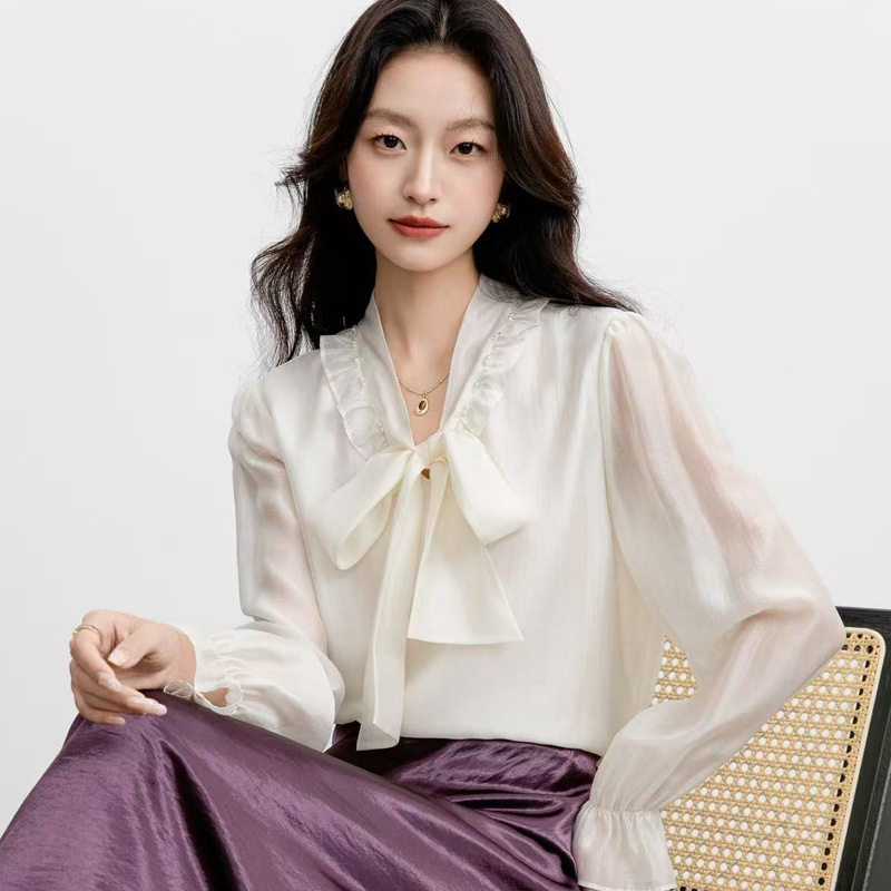 2025秋季V领宽松蝴蝶结雪纺衫长袖女衬衫气质上衣6033|undefined