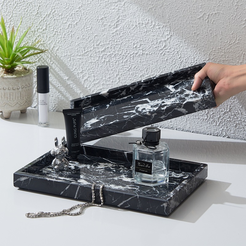 天然精选宝黑大理石托盘香水饰品收纳托黑白灰极简风装饰盛放托盘