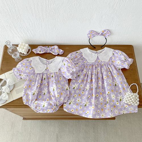 24 Summer Baby Clothes Girls' Turn-down Collar Climbing Suit Potty Pants Girls' Purple Princess Short-sleeved Dress Sister Set