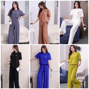 Chiba suit women's spring and summer letter embroidered Thin Ice Silk home wear suit casual loose trousers two-piece suit