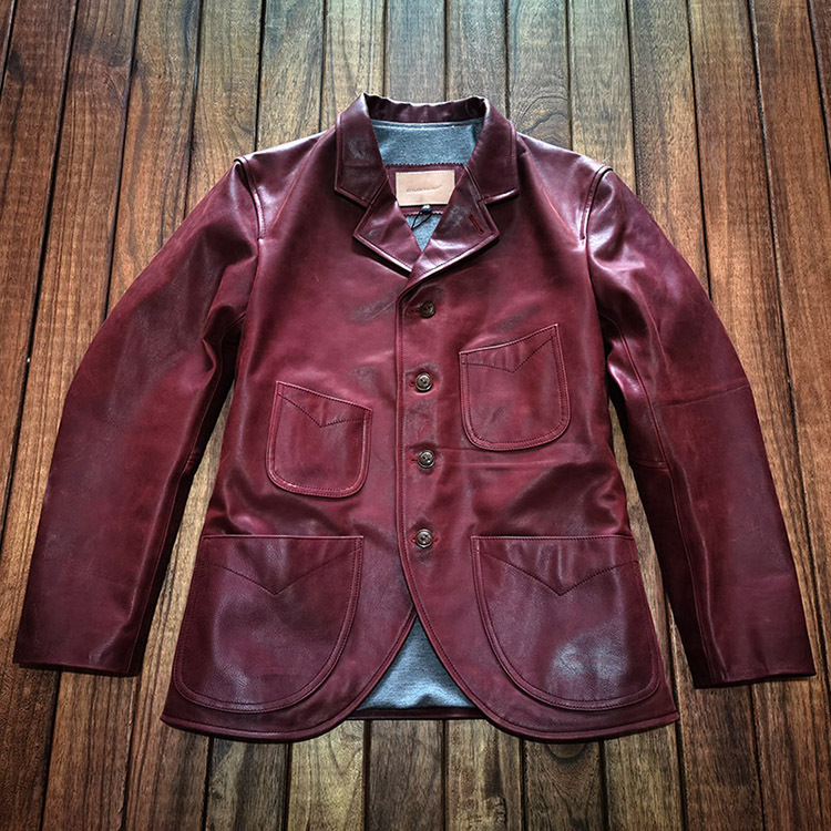 阿美咔叽美式休闲真皮西服男西装领多兜头层油蜡牛皮皮衣夹克|ms