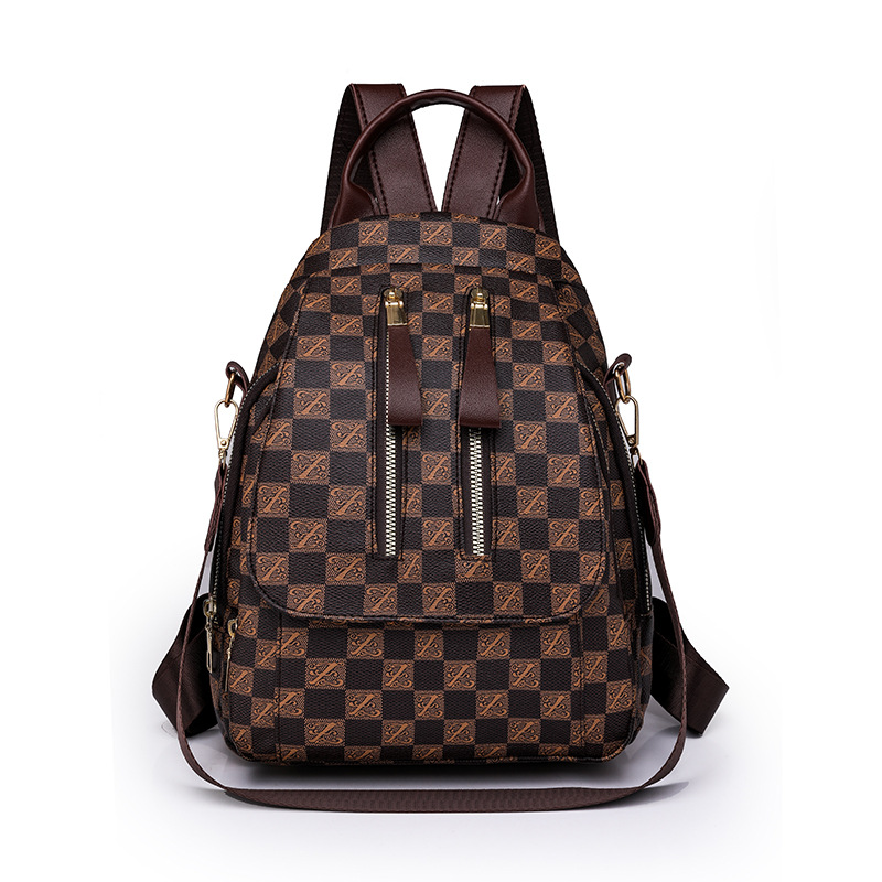 Comercio exterior al por mayor 2023 nueva mochila de cuero suave para mujer a cuadros moda contraste color viajes al aire libre mochila marea