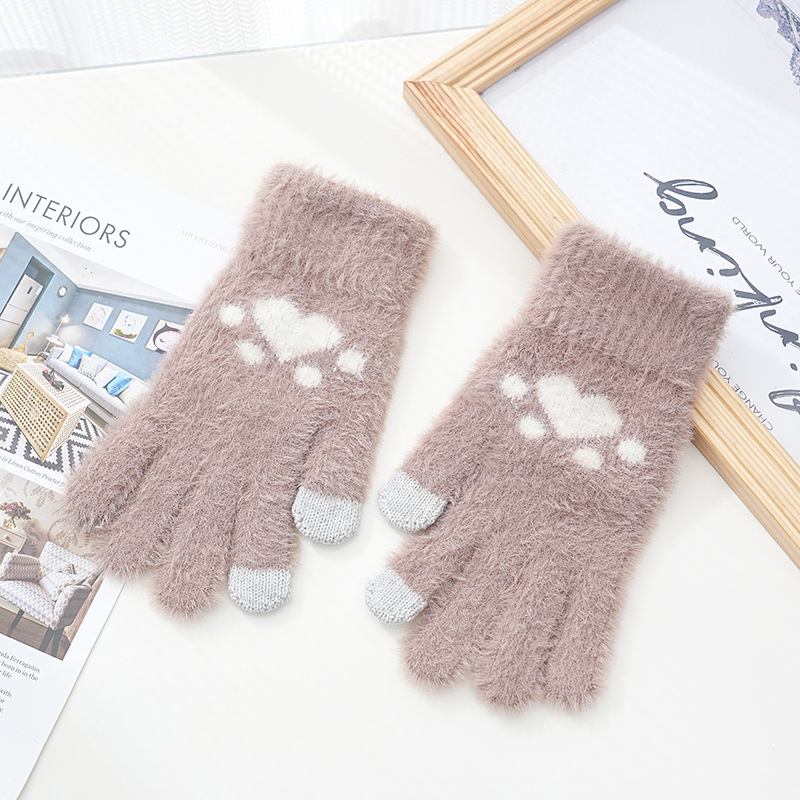 Invierno de las mujeres cálido forrado de lana engrosada estudiante escritura de moda montar lindo punto medio dedo flip guantes de dibujos animados