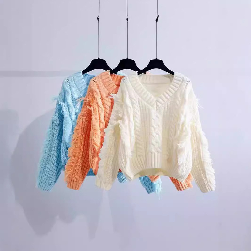 V-neck Tassel Twist Sweater Women's Autumn and Winter New Korean Style Loose Slimming Solid Color Fashionable All-match Outer Wear Sweater V-neck Tassel Twist Sweater Women's Autumn and Winter New Korean Style Loose Slimming Solid Color Fashionable All-match Outer Wear Sweater