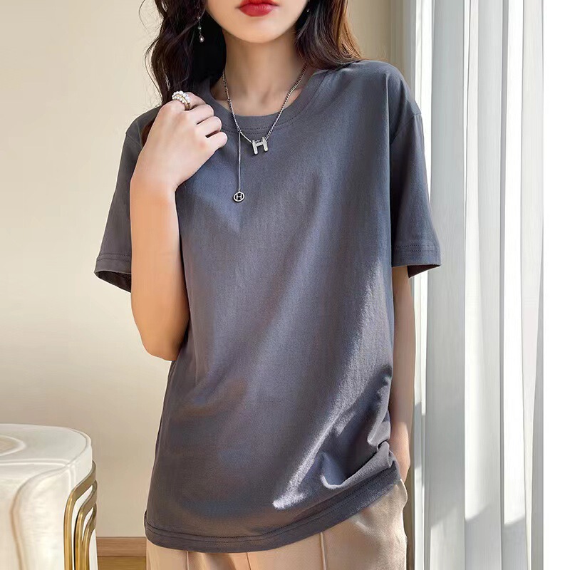 ヨーロッパ純綿 Tシャツレディース夏新疆長繊維綿半袖レディース Tシャツルーズカップルシャツ右肩ルーズラウンドネックホワイト Tシャツ|undefined