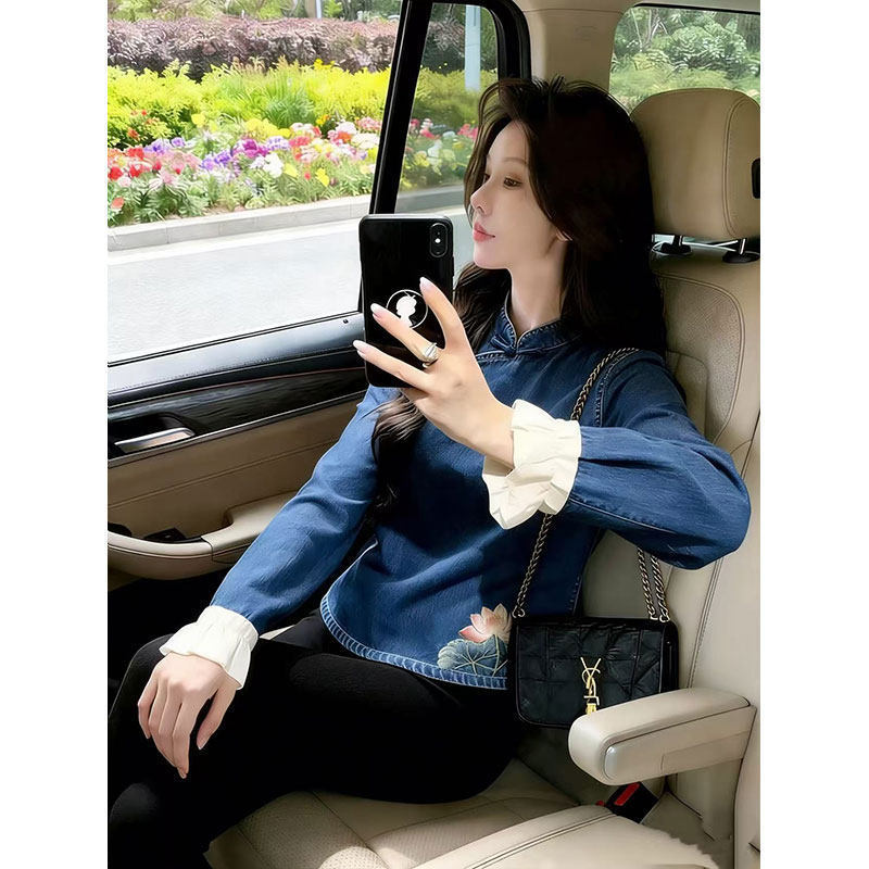 Summer New Style Niche High-End Elegant Intellectual Style New Chinese Style Denim Shirt with Lotus Embroidery and Asymmetrical Shoulder Short Top