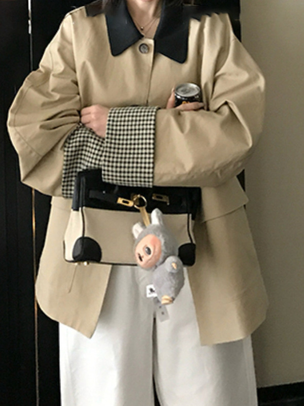 韩系显瘦温柔舒适高智风卡其色风衣撞色格纹拼接短款宽松外套女秋|undefined