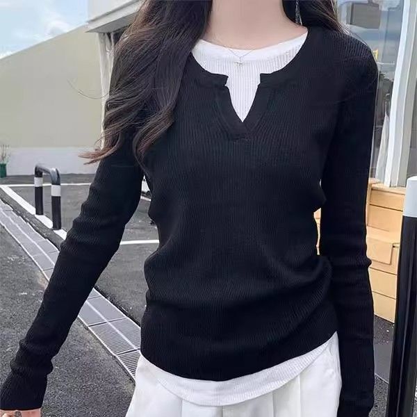 黑色v领假两件长袖针织衫女春秋内搭修身感纯欲风打底上衣ins|undefined