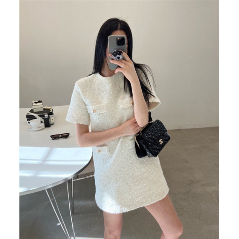 Korean Chic Summer Retro Simple Four-Pocket Design Tweed Petite Loose Chanel-Style Dress for Women