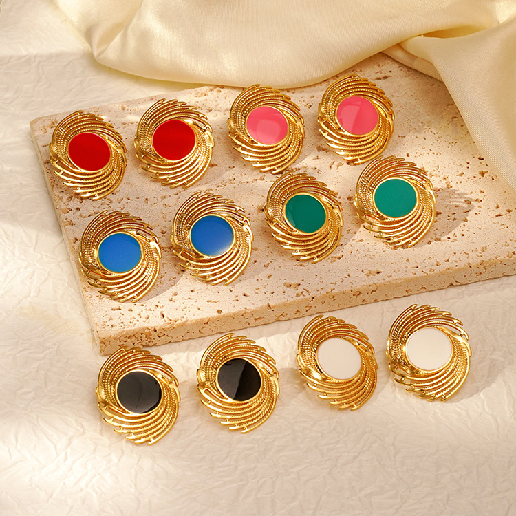 Fuegos artificiales retro transfronterizos aretes de acero inoxidable geometría simple 18K oro goteo de aceite de acero de titanio joyería pernos de orejas mujeres