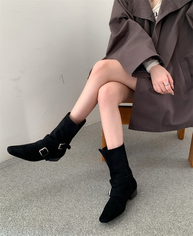 ~两穿翻边~2025秋冬法式皮带扣坡跟女短靴休闲瘦瘦靴慵懒风西部靴|undefined