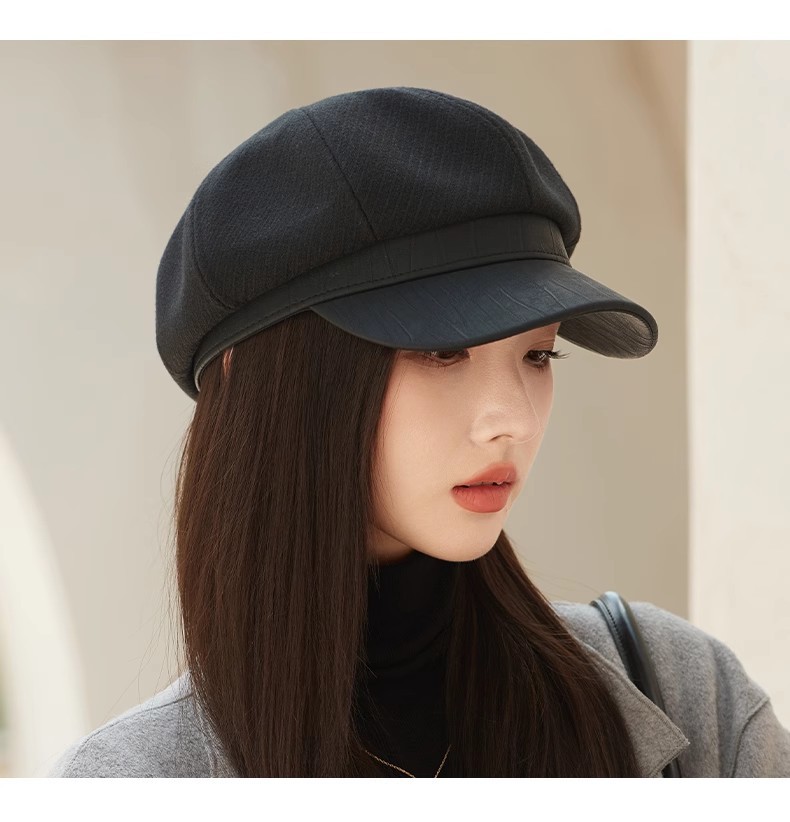 Cappello unisex alla moda in pelle con patchwork ottagonale da donna autunno-inverno vintage nero grande testa rotonda mostra viso piccolo cappello_voghion.com