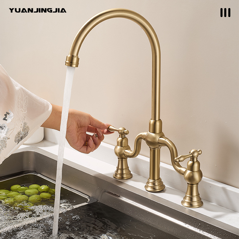 法式复古铜厨房冷热水龙头可旋转洗菜盆双把手水槽龙头带增压喷枪|undefined