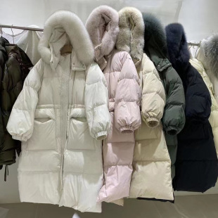 Down jacket women's 2024 trendy long loose hooded knee thickened waist Korean version of large fur collar drawstring wholesale