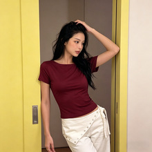 欧美风2026夏季新款甜辣辣妹紧身修身美式正肩露背酒红色短袖t恤