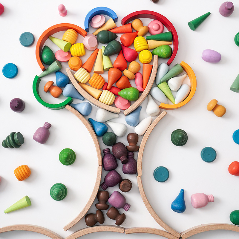 Bloques de madera arco iris para niños árboles pequeños bosques arco iris casa arco iris ensamblaje colorido plegable juguetes de madera de educación temprana
