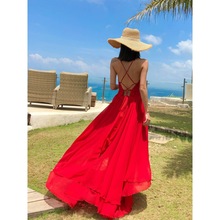 红裙露背沙滩裙吊带仙红色连衣裙三亚海边旅游拍照度假长裙女夏
