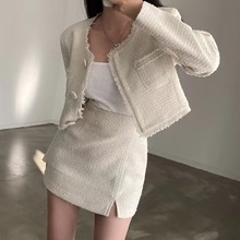 现货尺码更新chic秋季新款圆领粗花呢长袖小外套+A字裙半身裙女装