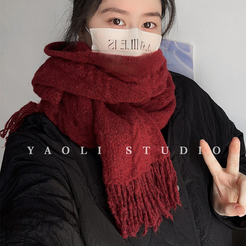 安可拉红羊毛混纺针织流苏围巾女秋冬保暖防寒毛线围脖|undefined
