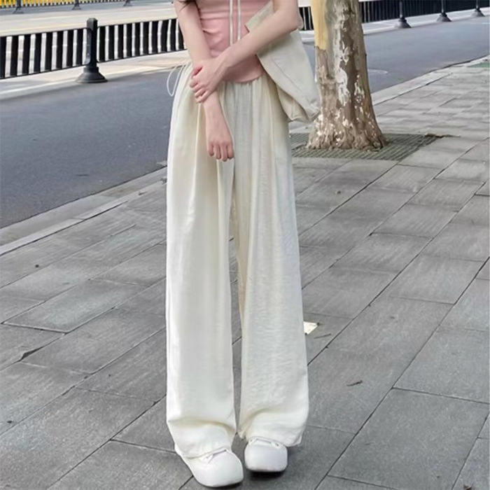 夏季薄款小个子女无托腹宽松夏款奶芙休闲长裤子外穿裤阔腿裤粉色|undefined