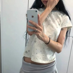 In-Stock Jinae Yoon Style Korean Niche Trendy Brand Korean Version Star Print Color-Block Collar Short-Sleeve T-Shirt Women's Top