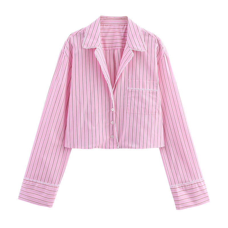 Completo da donna primavera estate alla moda con camicia, gilet e pantaloni a righe, stile europeo/americano, con colletto e maniche lunghe._voghion.com
