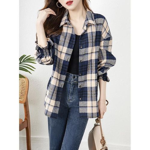 Chic and pretty women's spring 2025 loose and slimming medium-length pants-hiding grid shirt jacket