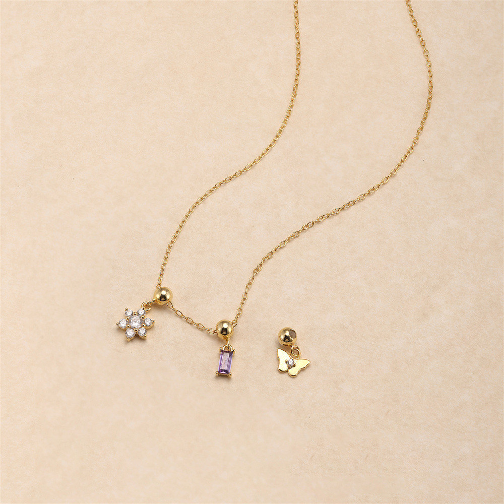 Butterfly Pattern 925 Sterling Silver Zircon Cable Chain Plating Butterfly Multi Charms Necklace