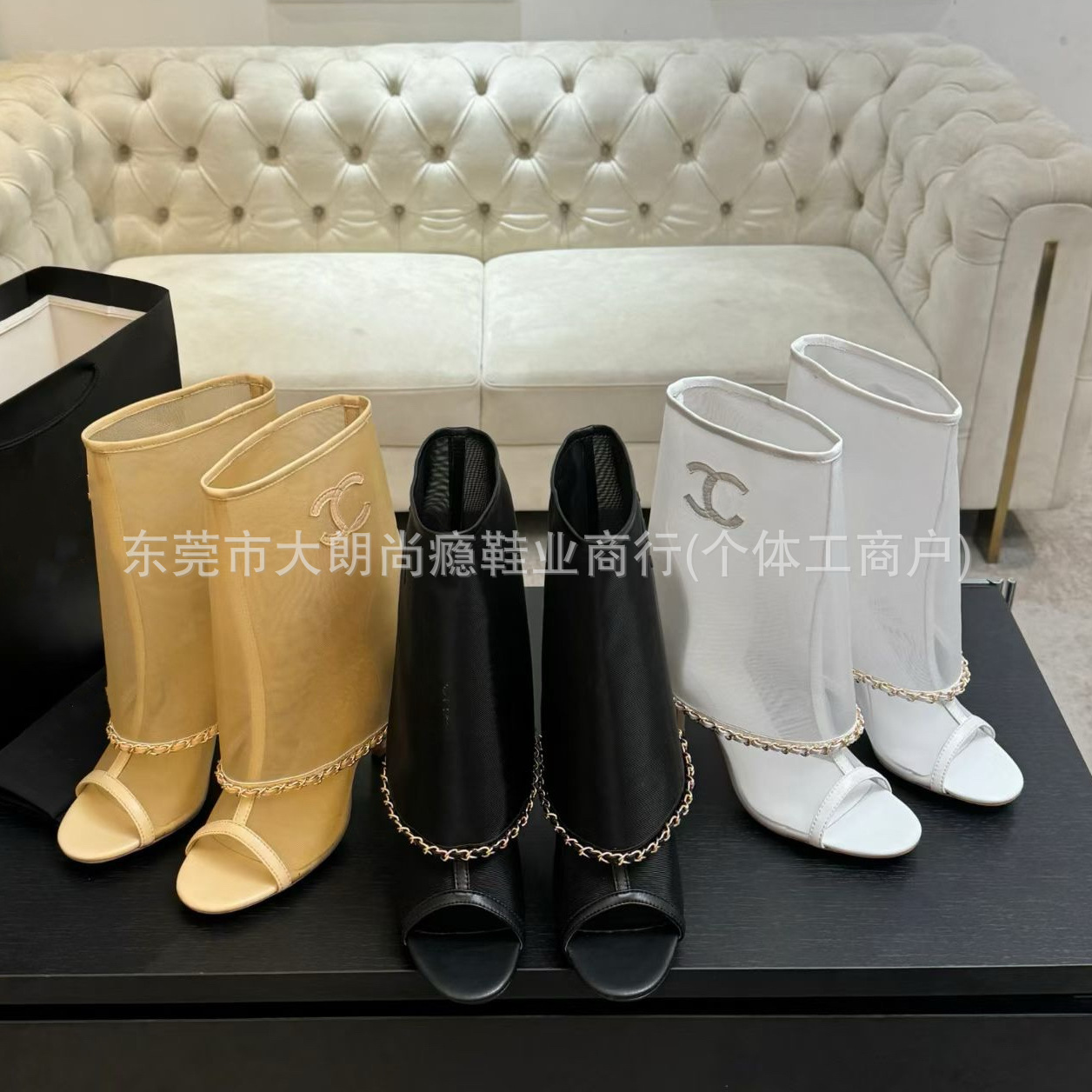 26C夏小香风9cm高跟时装凉靴子女透气网布字母细跟高筒鱼嘴长裤靴