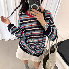 2025慵懒风针织衫女装长袖宽松圆领条纹百搭薄款显瘦上衣女防晒衫