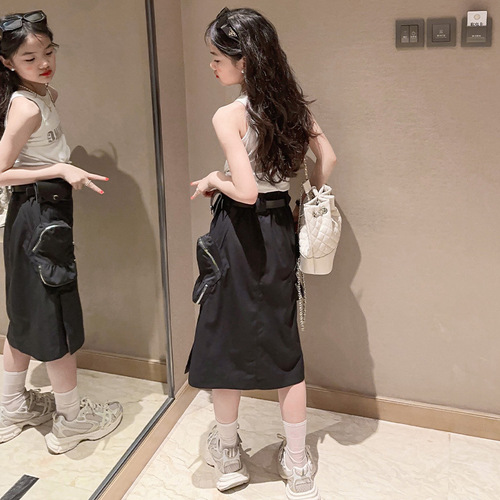 Girls' Summer Workwear Dress Set 2024 New Stylish Big Kids' Fashion Tank Top Summer Outfit Children's Two-Piece Set Trendy