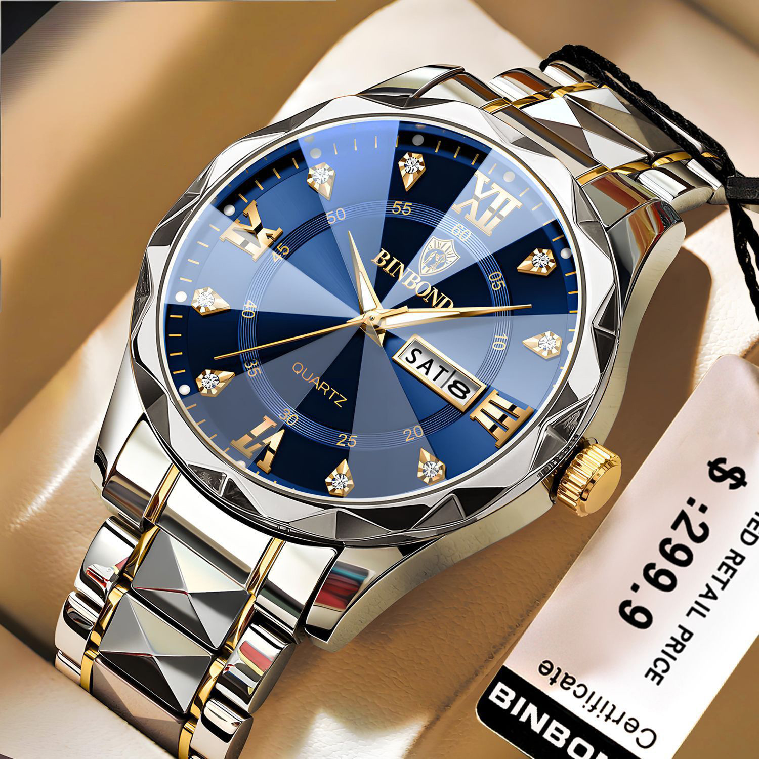 Binbang Men's Watch Waterproof Luminous Diamond-Shaped Glass Dual Calendar Fashion Quartz Watch Cross-Border Hot-Selling Dropshipping
