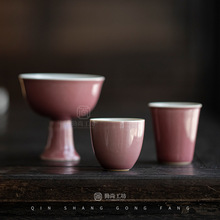 豇豆红手绘双线高足主人杯陶瓷品茗杯闻香杯功夫茶具小茶杯客杯