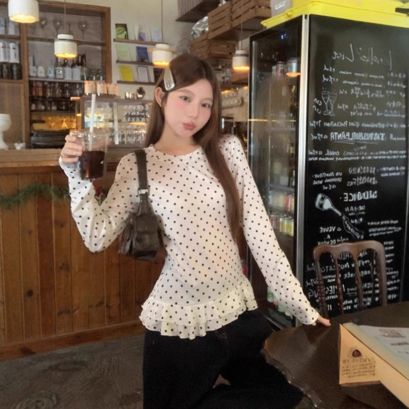 [270g German Velvet] Fashionable White Polka Dot Round Neck Slim Fit Versatile Casual Long-Sleeved Top Ins